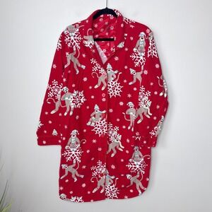 Nick & Nora XXL Sock Monkey Flannel Long Sleeve Button Up Sleep Shirt‎ Pajamas